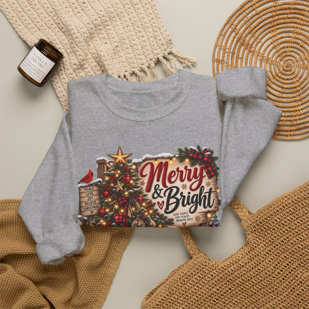 Christmas Sweatshirt "Merry & Bright" Vintage Tree Holiday Crewneck
