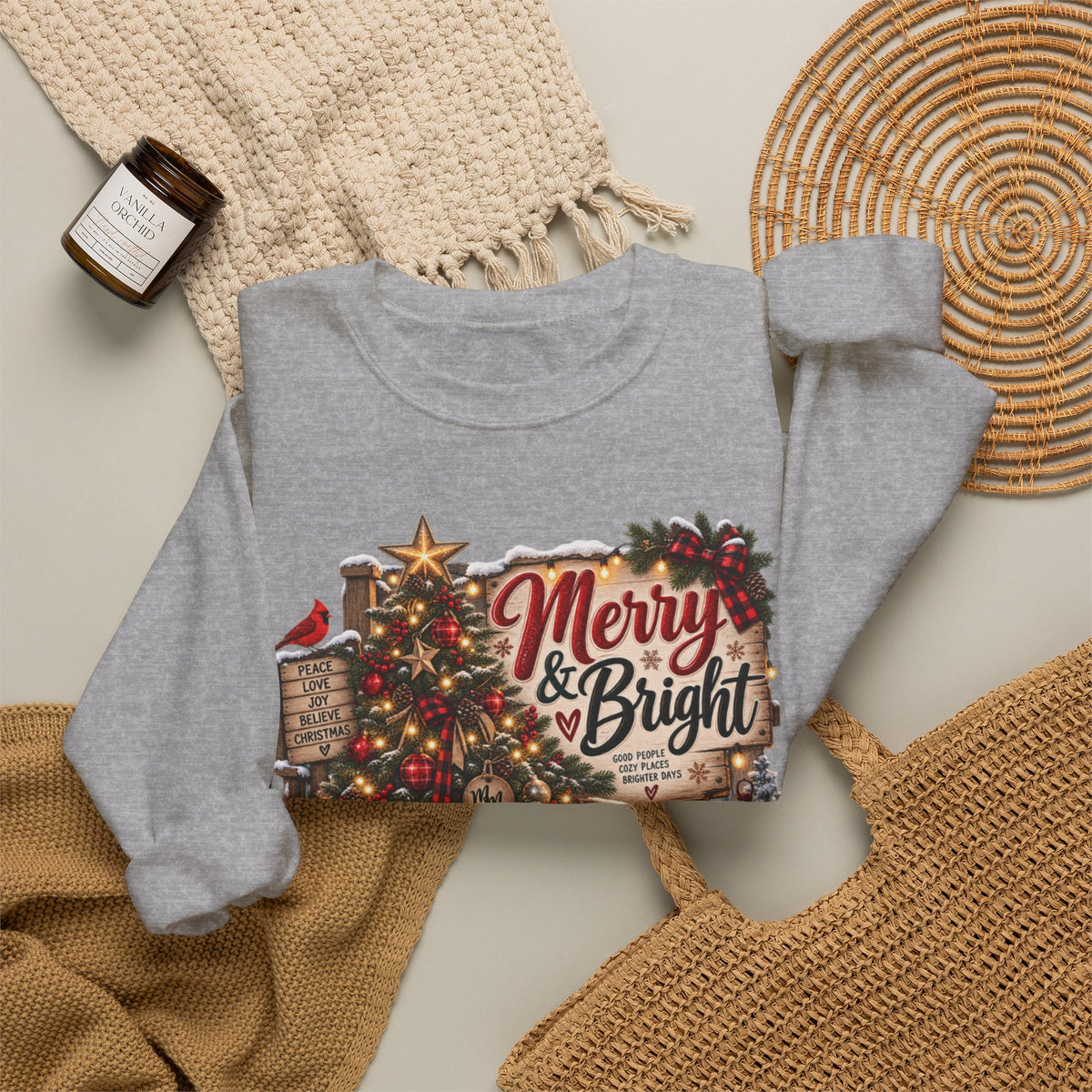 Christmas Sweatshirt "Merry & Bright" Vintage Tree Holiday Crewneck
