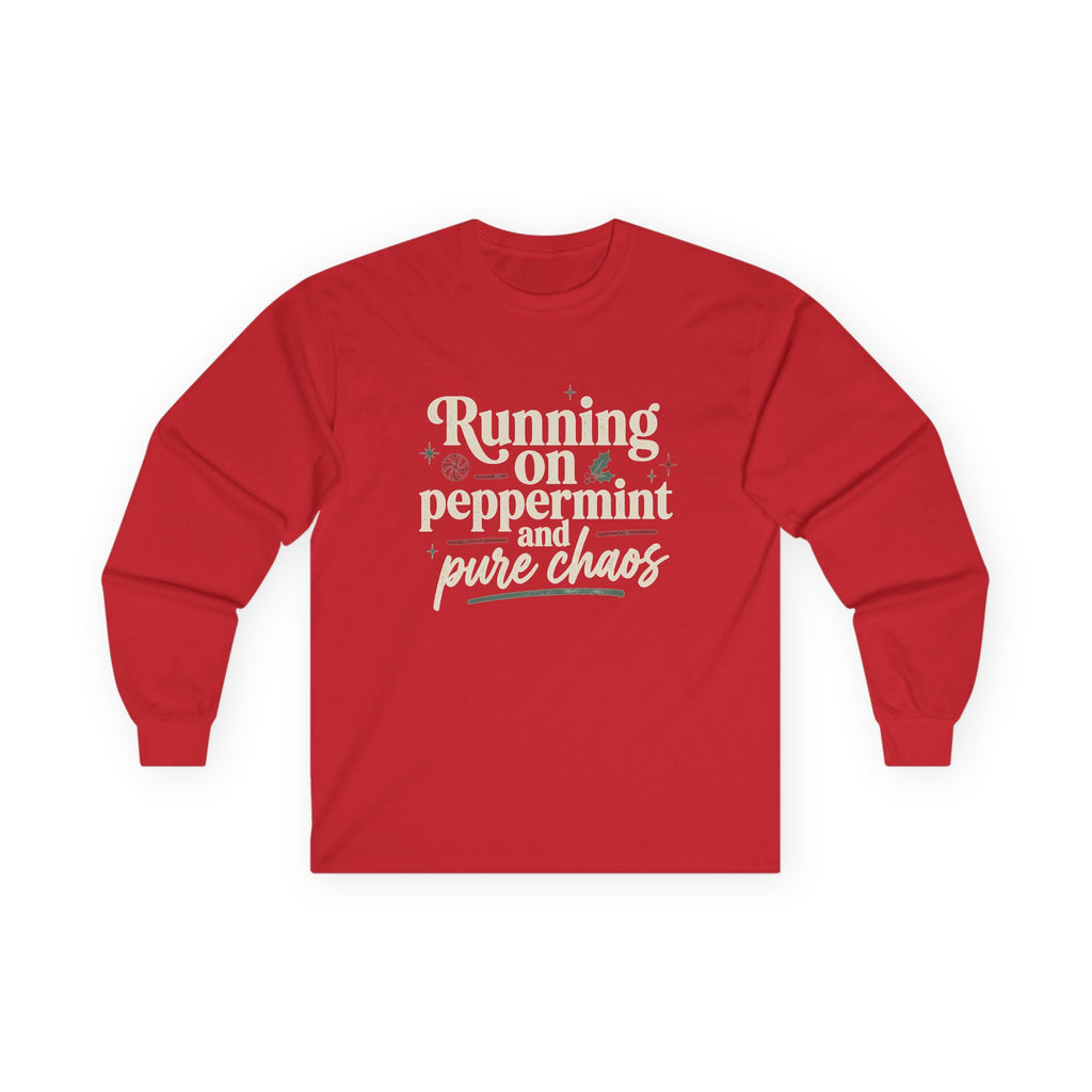 "Running on Peppermint and Pure Chaos" Retro Holiday Long sleeve Tee