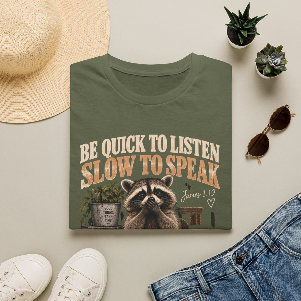 Be Quick to Listen Slow to Speak Raccoon T-Shirt – James 1:19 Inspirational Tee