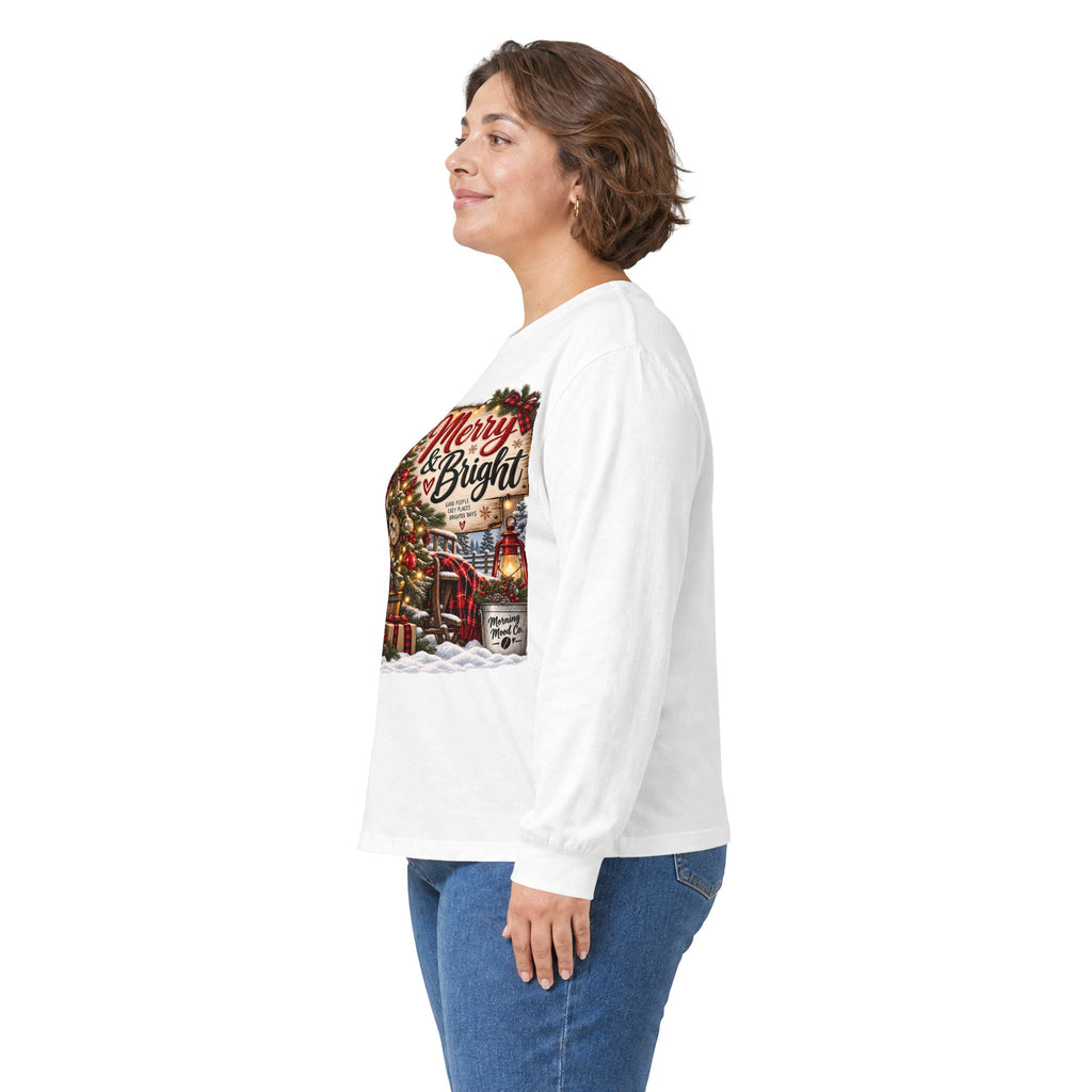 Christmas Graphic Long Sleeve Tee - "Merry & Bright" Holiday Shirt