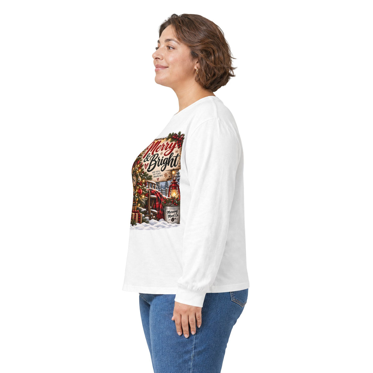 Christmas Graphic Long Sleeve Tee - "Merry & Bright" Holiday Shirt