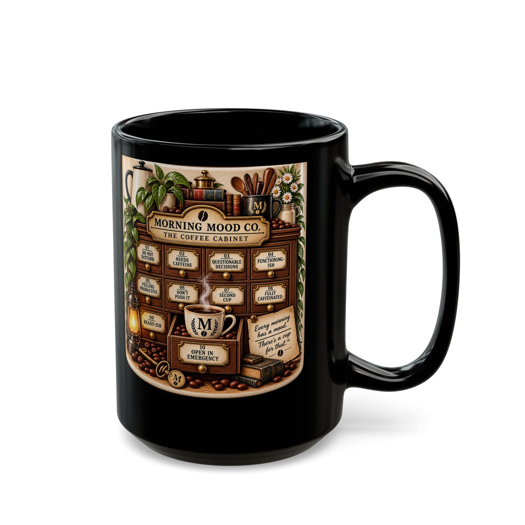 Morning Mood the Coffee Caabinet Black Mug (11oz, 15oz)