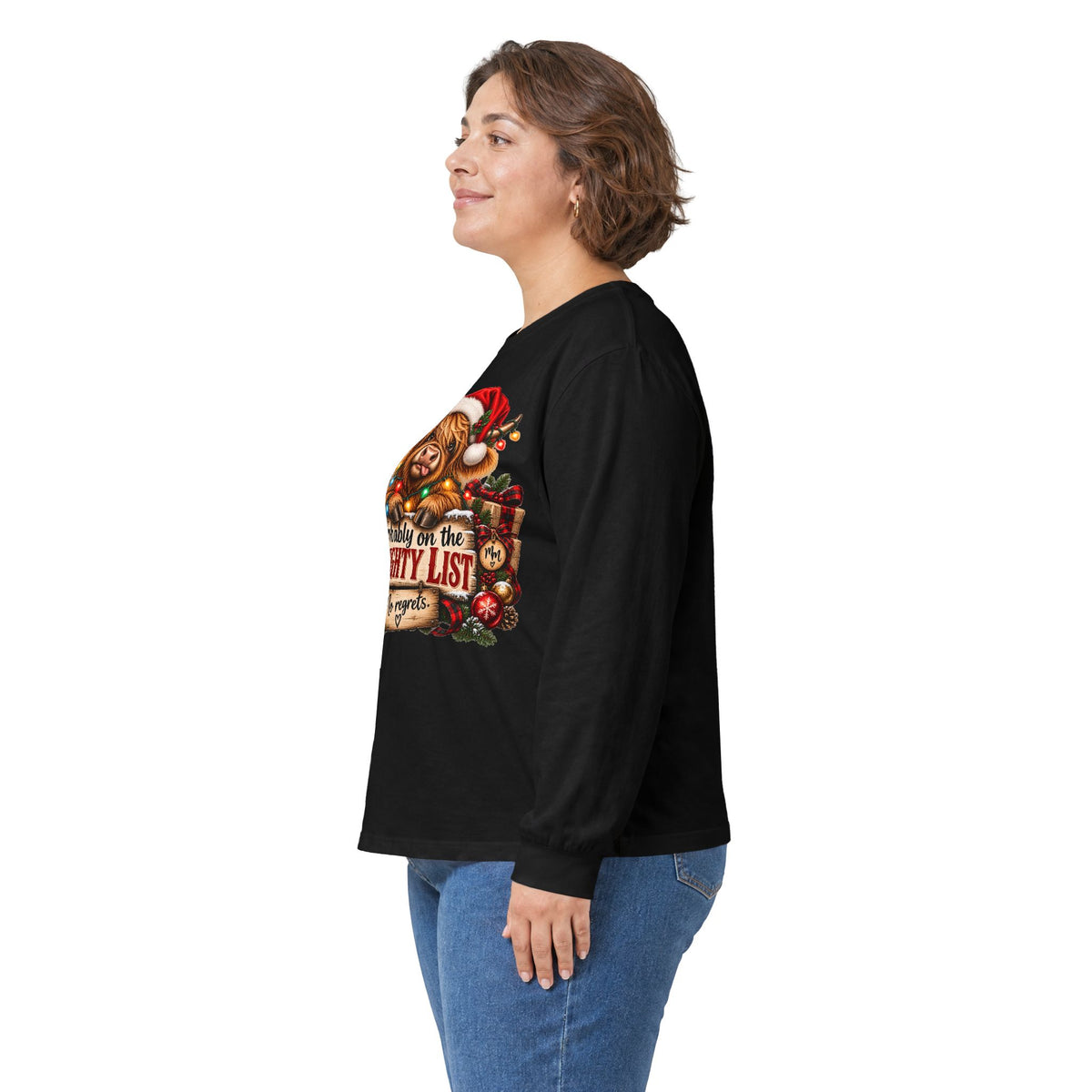 Christmas Naughty List Long Sleeve Tee — Cute Dog Santa Hat Holiday Shirt (S–5XL)