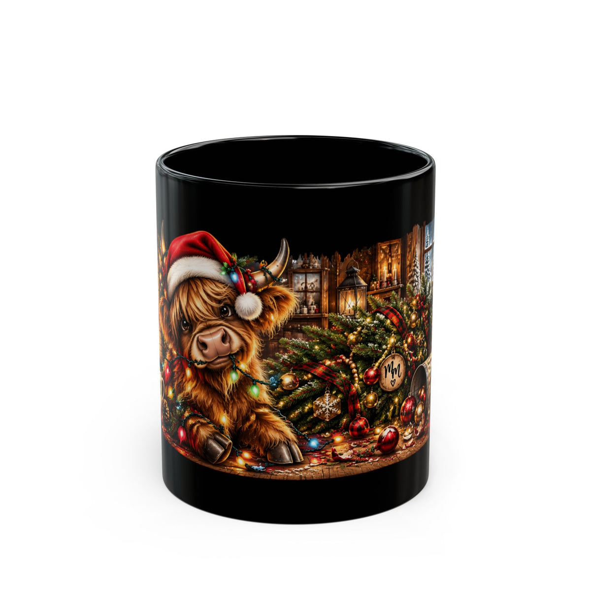 Highland Cow Christmas Mug — Santa Hat Cow Holiday Black Mug (11oz/15oz)