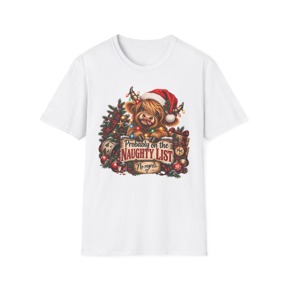 Christmas Highland Cow T-Shirt — "Probably on the Naughty List" Holiday Tee