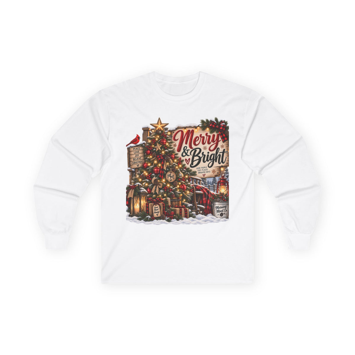 Christmas Graphic Long Sleeve Tee - "Merry & Bright" Holiday Shirt