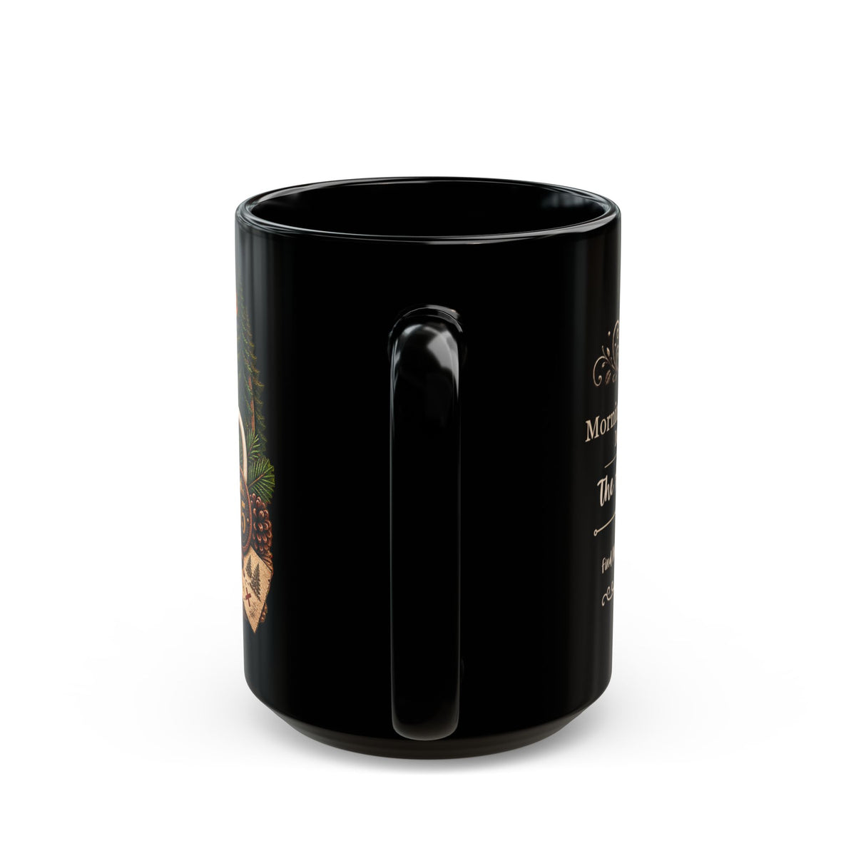 Coffee Mug — "Life Happens, Coffee Helps" Rustic Camping Black Ceramic Mug (15oz)