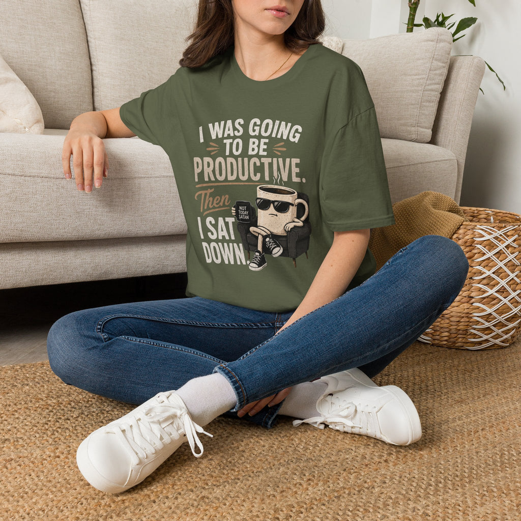 Productive Coffee Funny T‑Shirt — “I Was Going To Be Productive, Then I Sat Down”