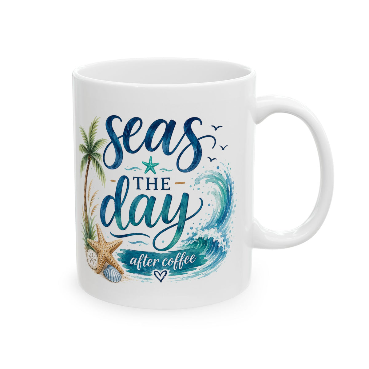 Sea Days Ceramic Mug — Beach Palm & Wave Coffee Cup (11oz, 15oz)