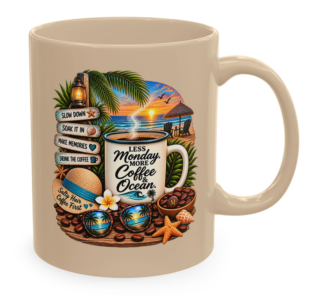 Tropical Beach Ceramic Mug — "Paradise Calls" Vacation Coffee Cup