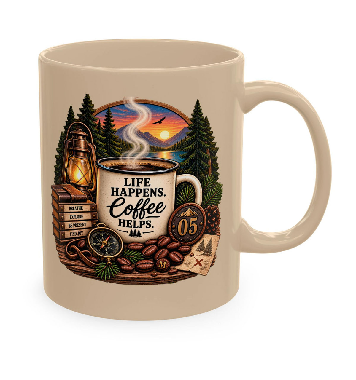 Camping Coffee Mug – Life Happens Coffee Helps | Morning Mood Co. Life happens. Coffee helps. Adventure doesn't hurt either.™