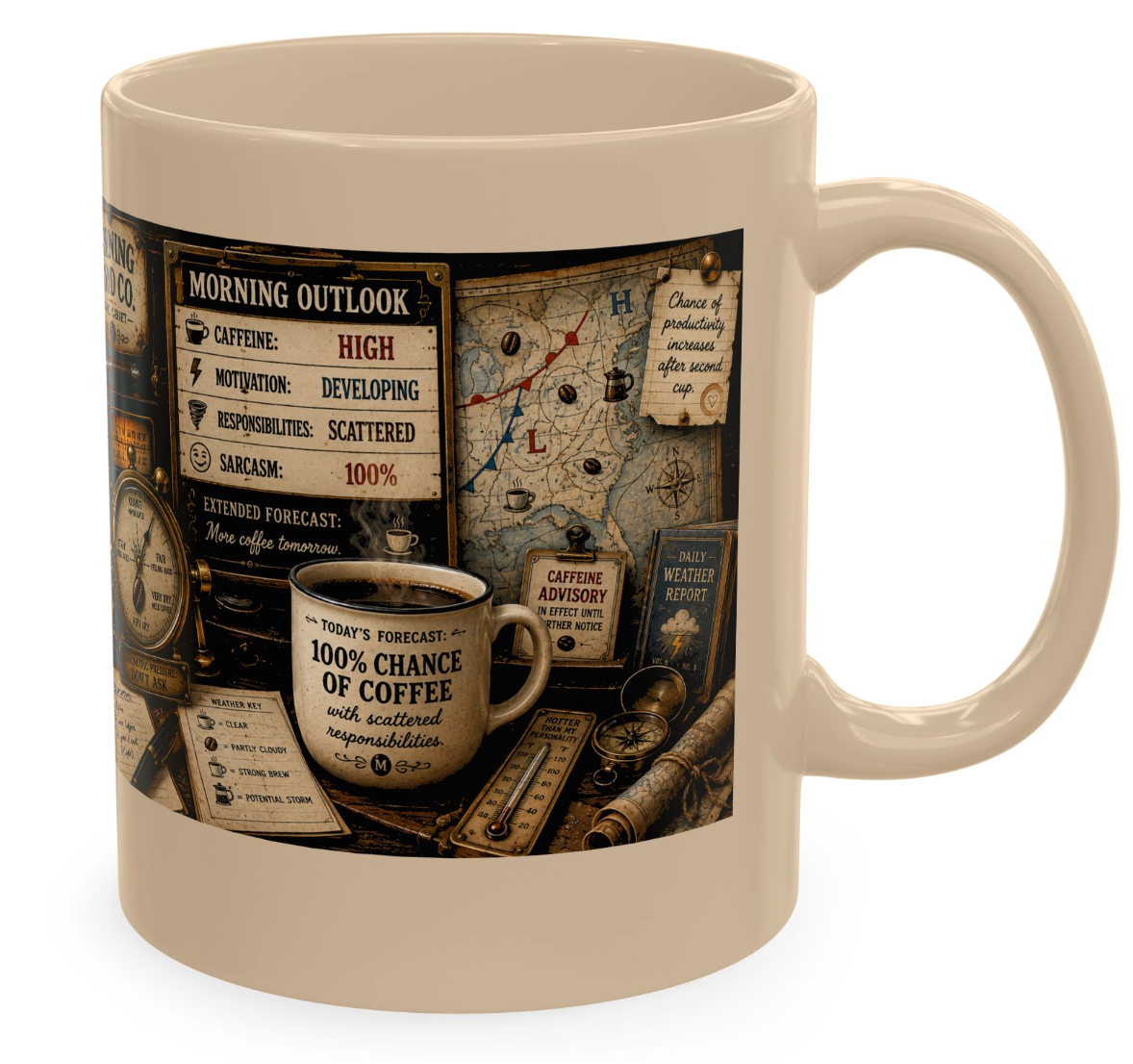 Vintage Morning Mood Co. Ceramic Mug — Retro Coffee Weather Gauge Design
