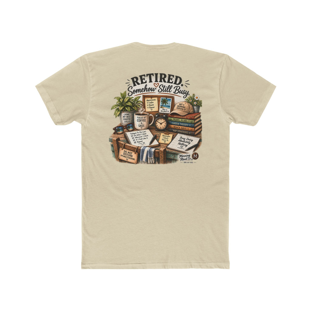 Retired & Somehow Still Busy T‑Shirt — Vintage Bookshelf Retirement Tee