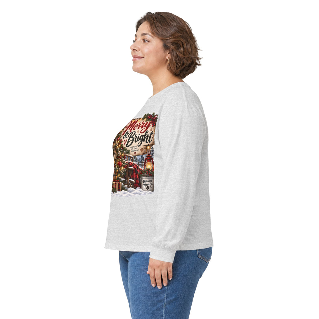 Christmas Graphic Long Sleeve Tee - "Merry & Bright" Holiday Shirt
