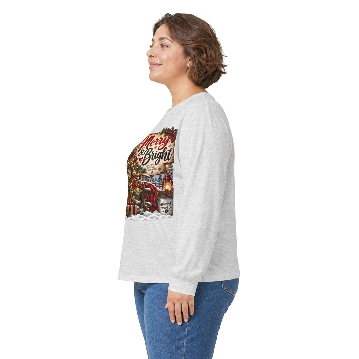 Christmas Graphic Long Sleeve Tee - "Merry & Bright" Holiday Shirt