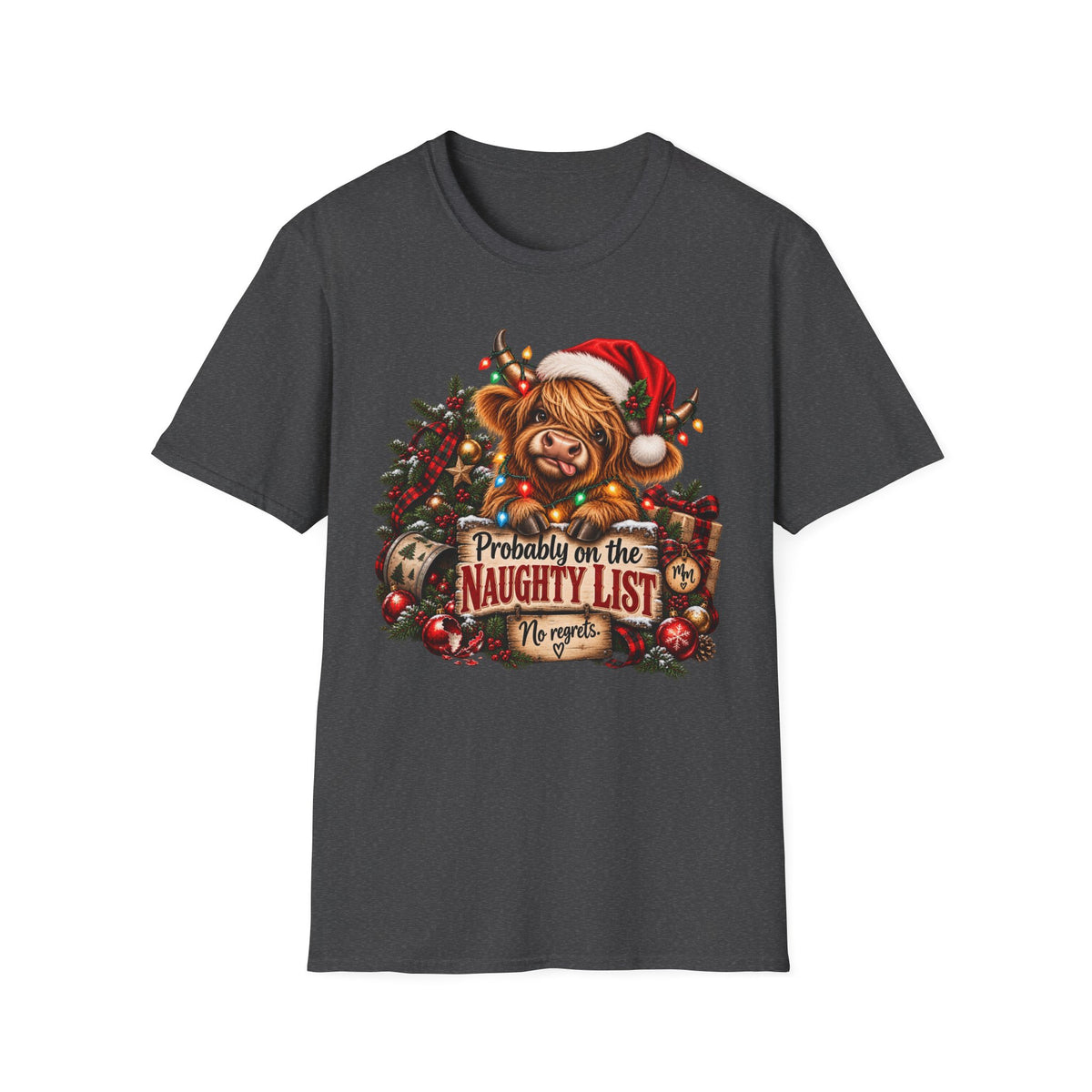 Christmas Highland Cow T-Shirt — "Probably on the Naughty List" Holiday Tee