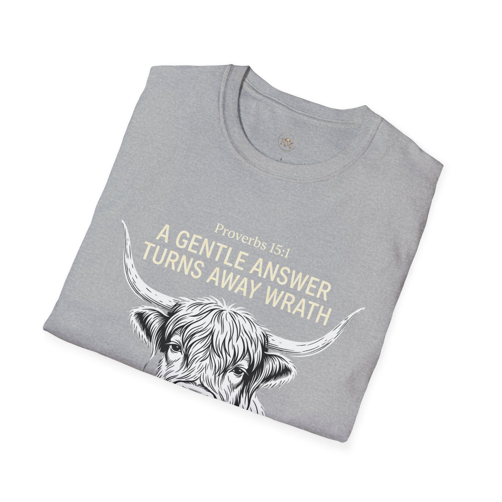 Highland Cow Proverbs 15:1 - "A Gentle Answer Turns Away Wrath" T-Shirt