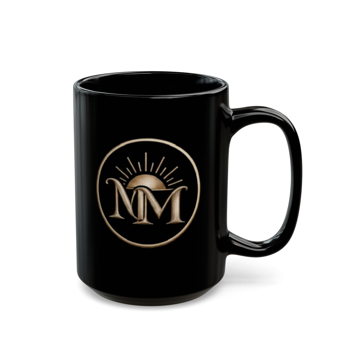 Black Ceramic Mug — Gold NM Monogram Sunrise Logo (11oz & 15oz)