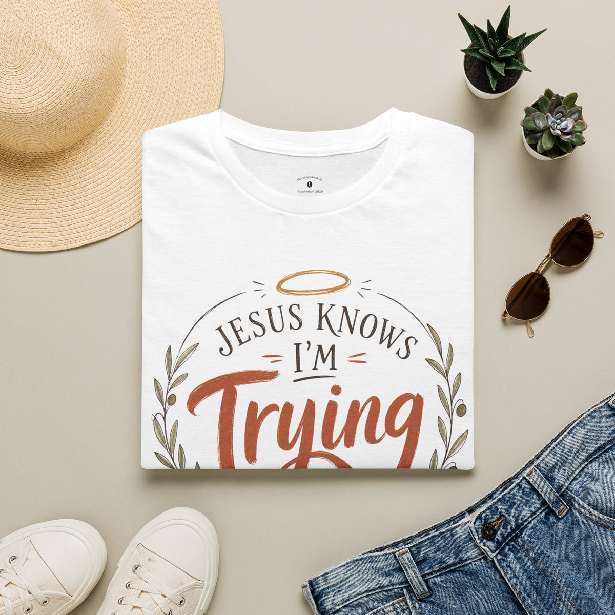 Christian T‑Shirt — "Jesus Knows I'm Trying" Inspirational Faith Tee