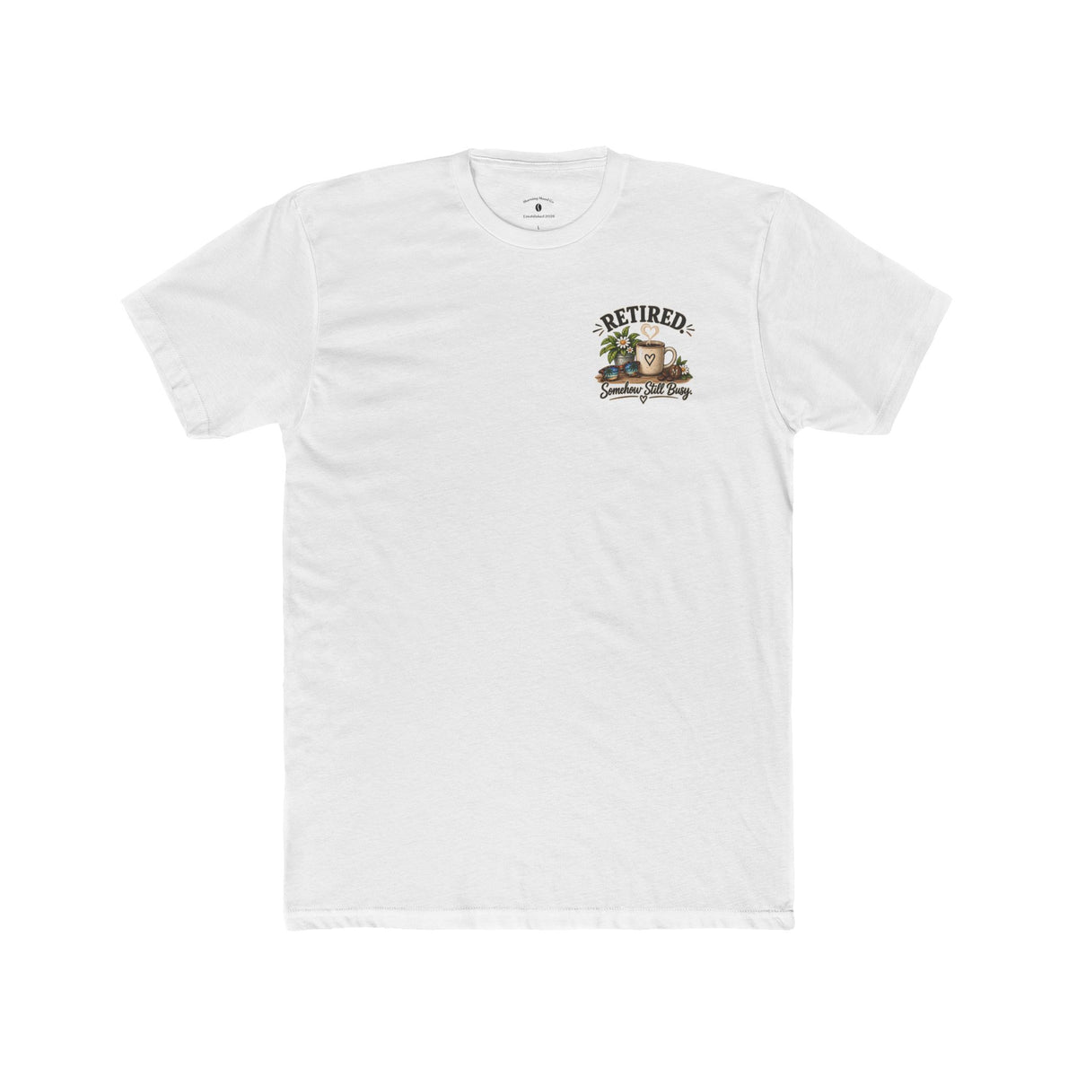 Retired & Somehow Still Busy T‑Shirt — Vintage Bookshelf Retirement Tee