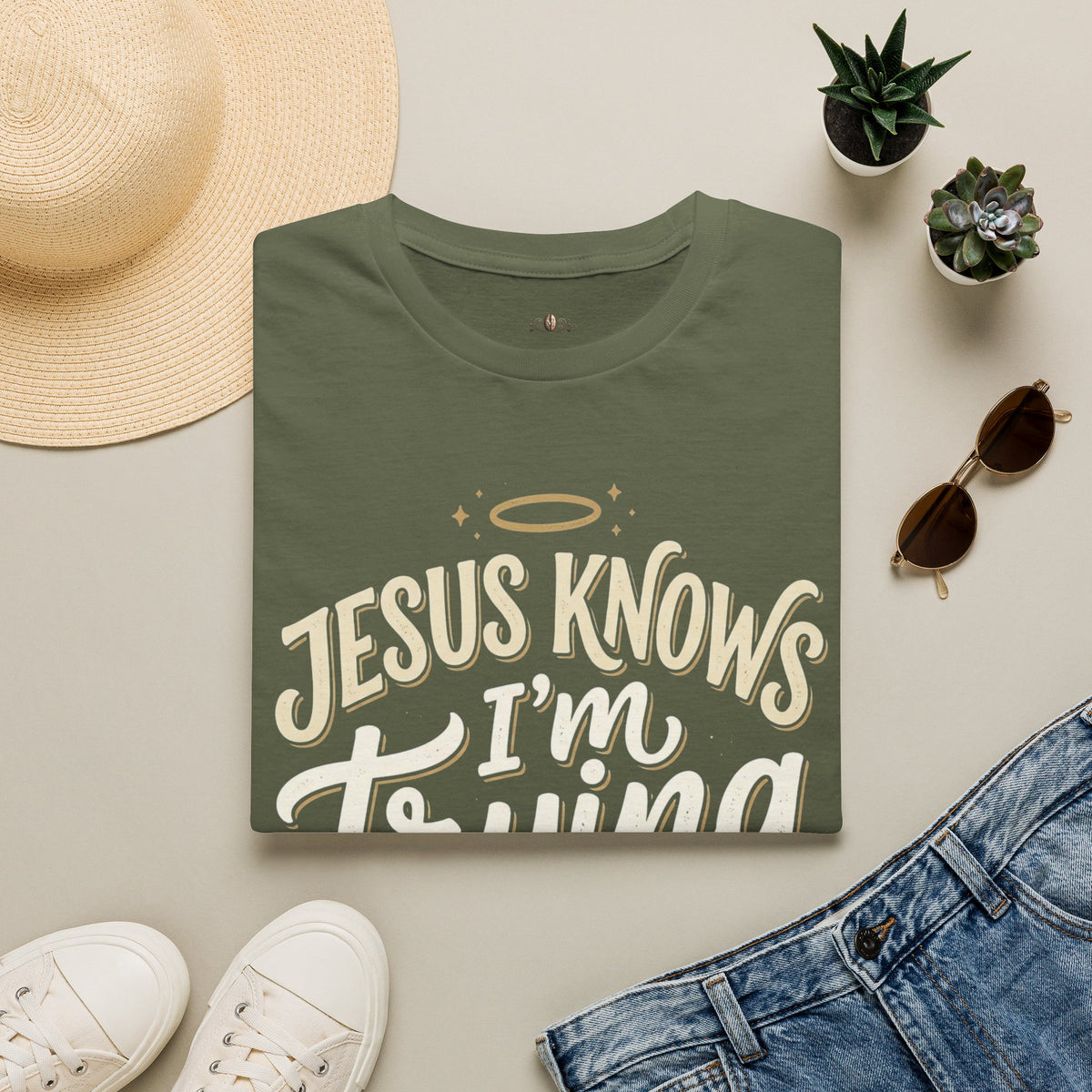 Jesus Knows I’m Trying T-Shirt — Faith-Based Christian Graphic Tee