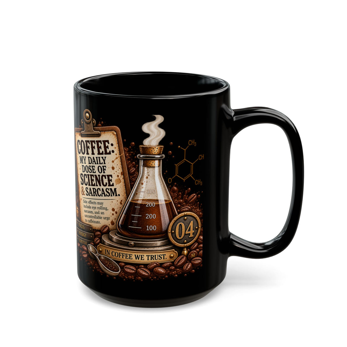 Coffee Science Mug — “Coffee: My Daily Dose of Science & Sarcasm” Black Ceramic