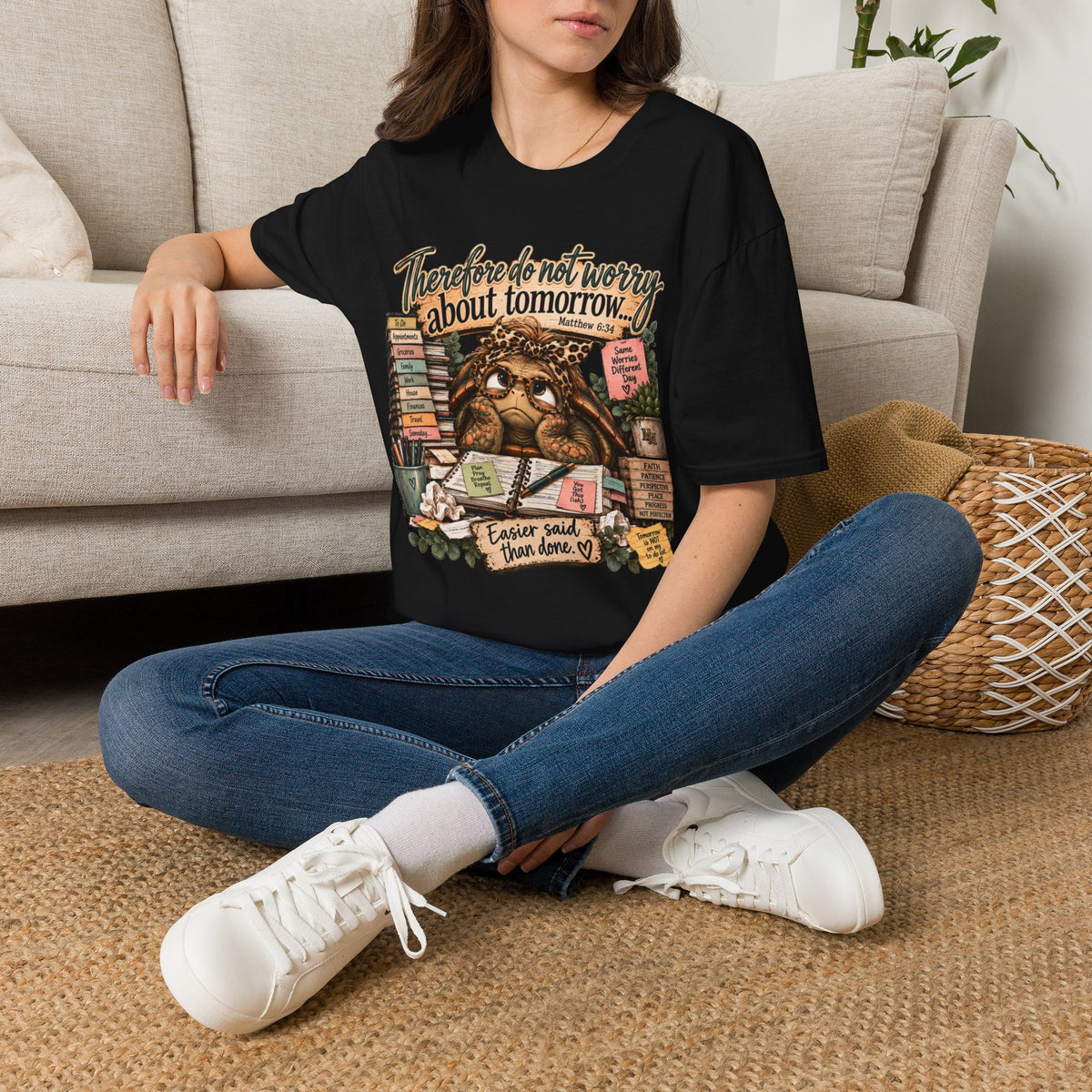 T‑Shirt — “Therefore Do Not Worry About Tomorrow” Inspirational Scripture Tee (Matthew 6:34)