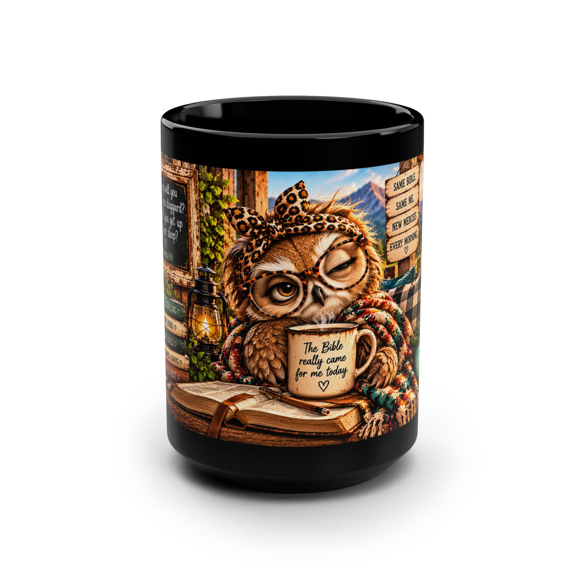 How Long Will You Lie There Owl Black Mug, 15oz