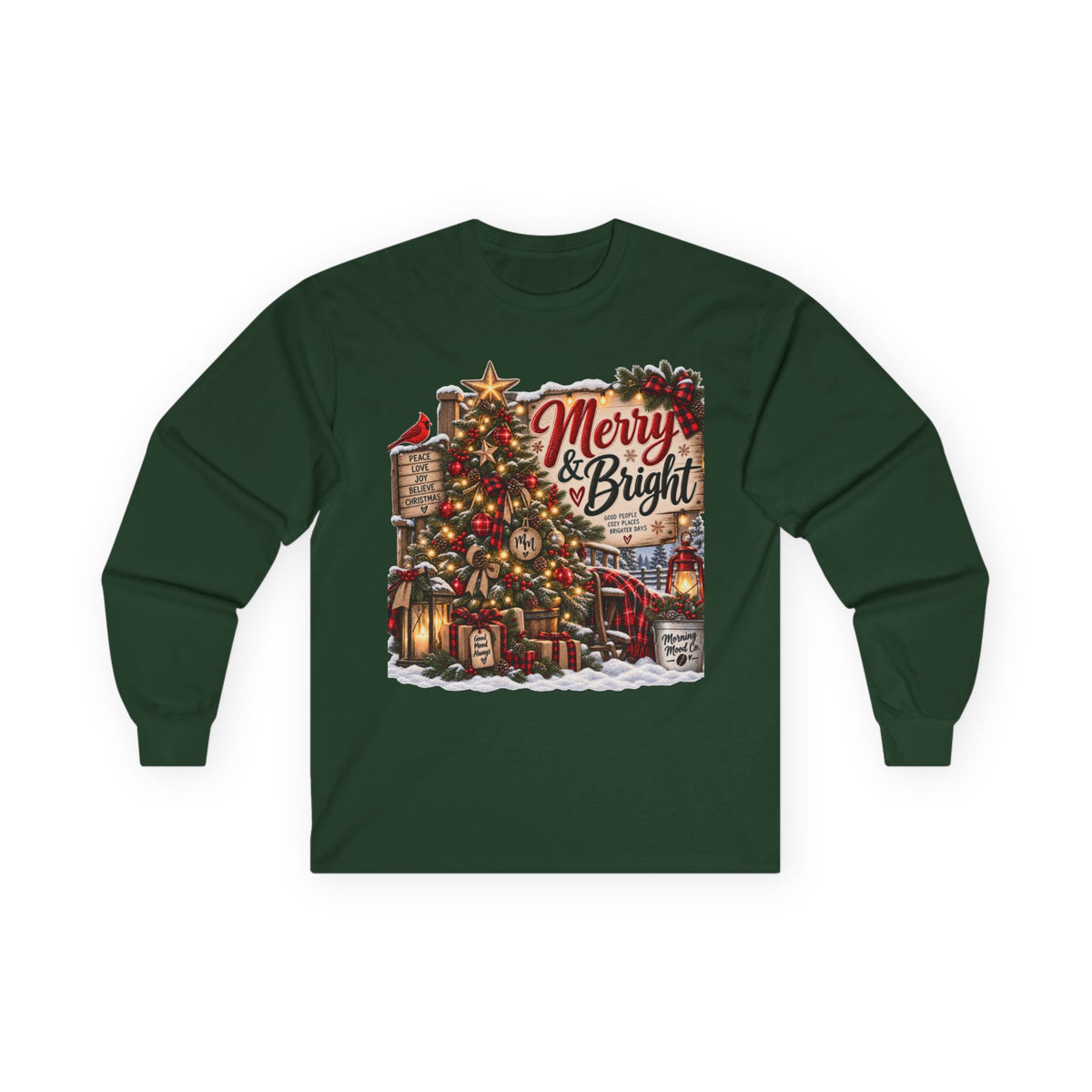 Christmas Graphic Long Sleeve Tee - "Merry & Bright" Holiday Shirt
