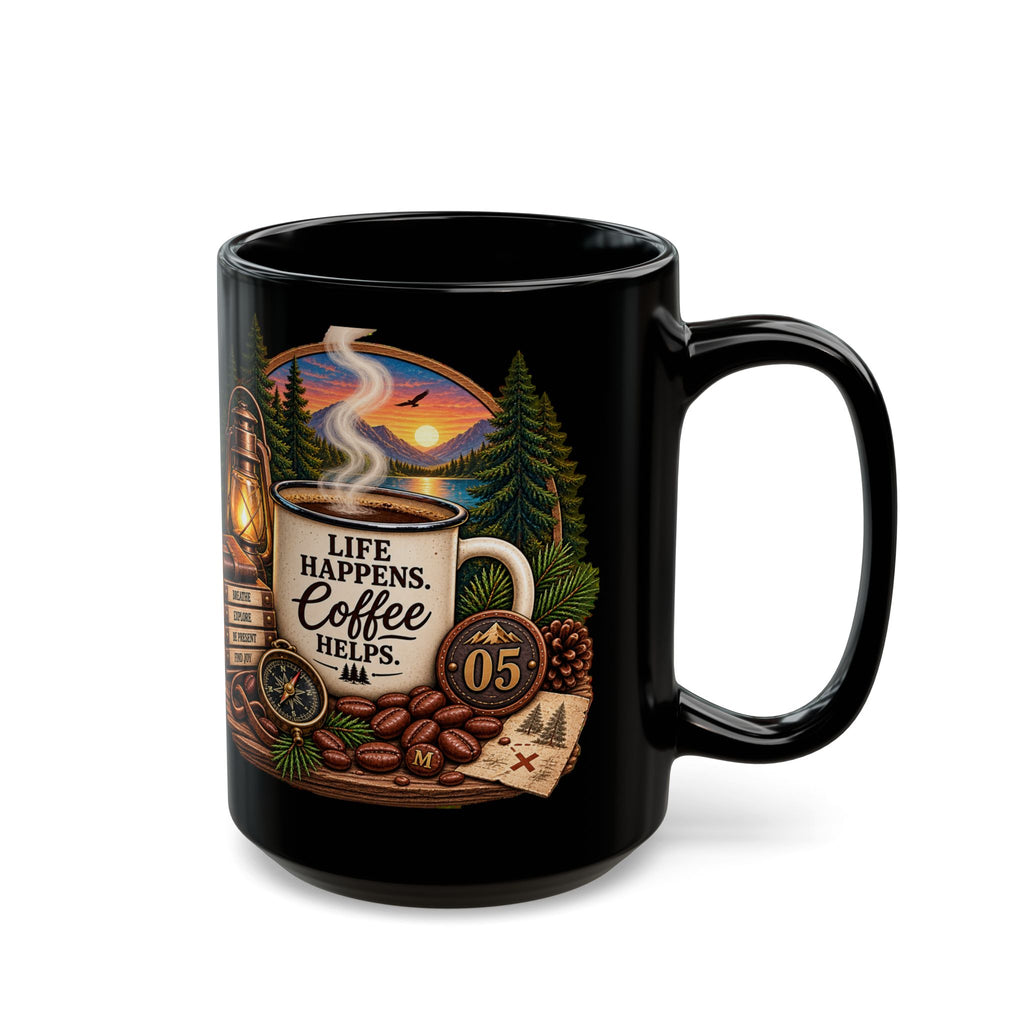 Coffee Mug — "Life Happens, Coffee Helps" Rustic Camping Black Ceramic Mug (15oz)