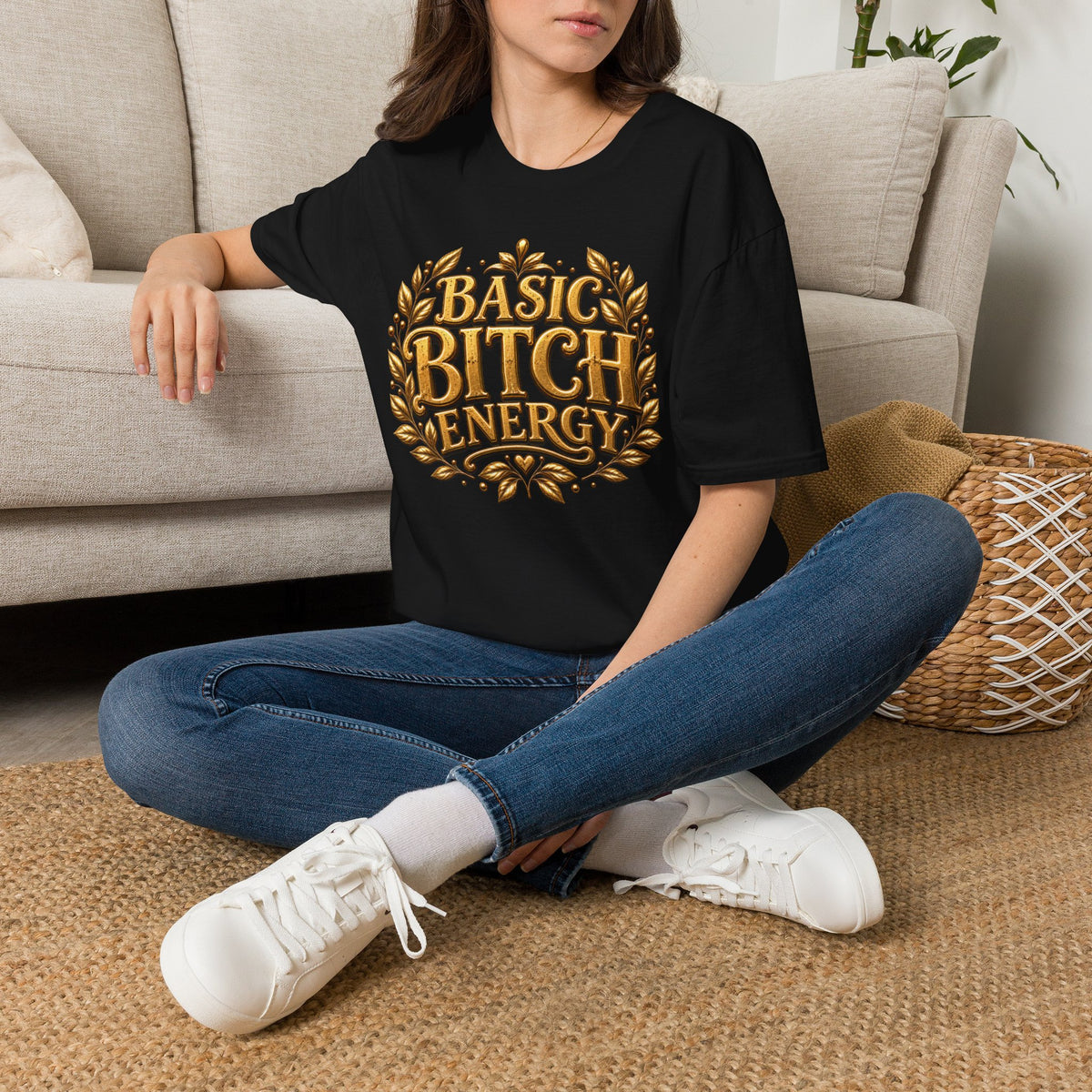 T-Shirt — "Basic Bitch Energy" Gold Crest Graphic Tee