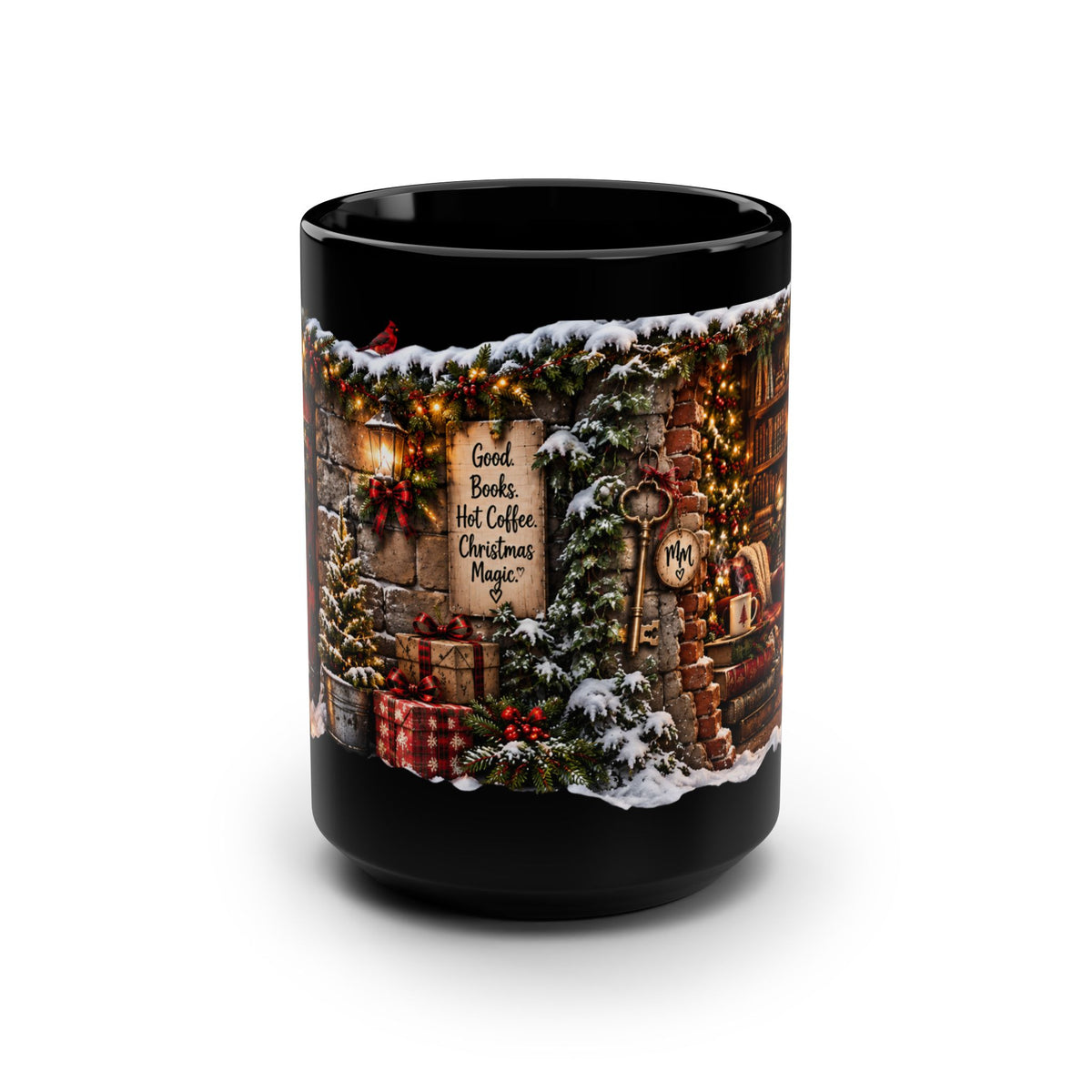 Christmas Cozy Fireplace 15oz Black Mug — 'Good Books, Hot Coffee, Christmas Movies' Holiday Coffee Cup