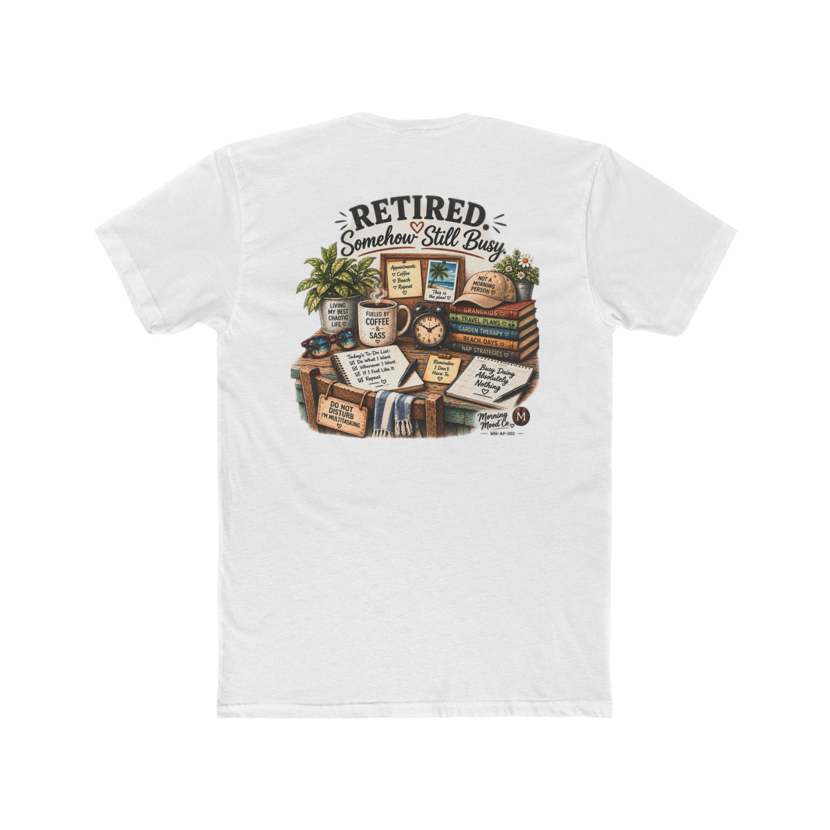 Retired & Somehow Still Busy T‑Shirt — Vintage Bookshelf Retirement Tee