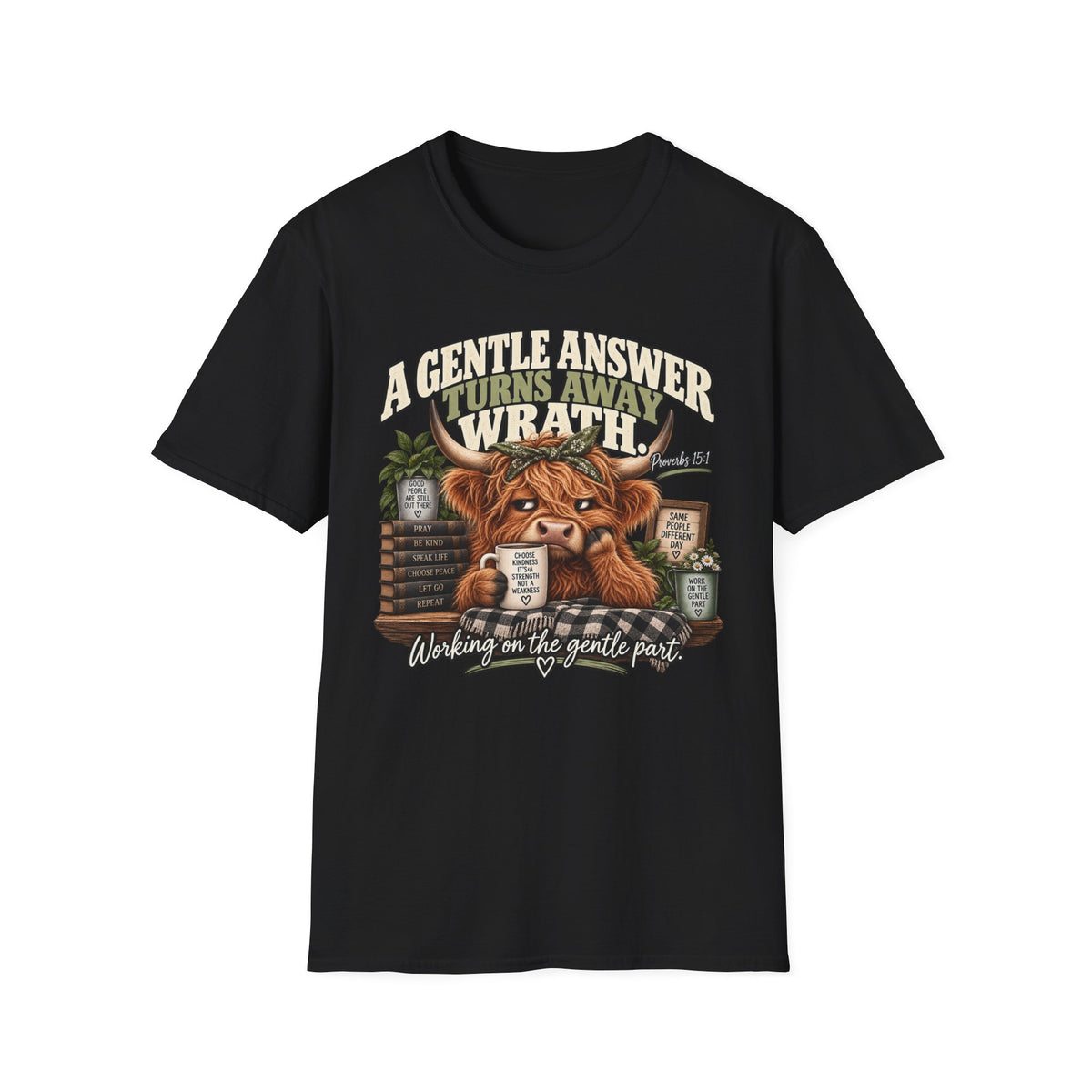 A Gentle Answer Turns Away Wrath Bible Verse T-Shirt — Highland Cow Faith Graphic Tee