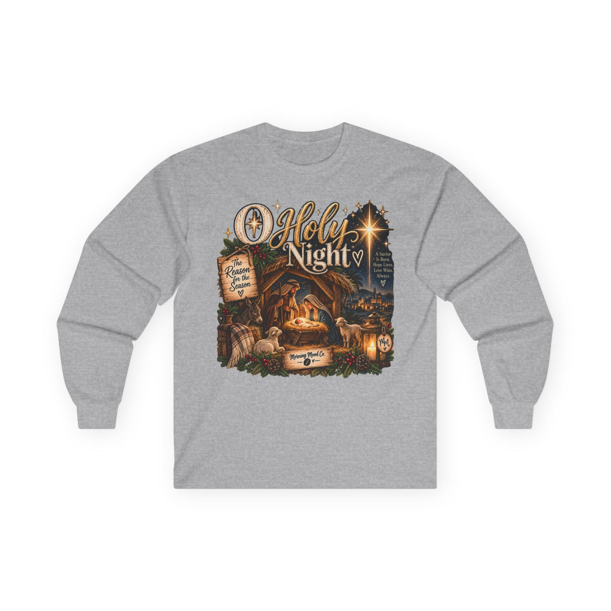 Holy Night Nativity Long Sleeve Tee — Christmas Religious Tee