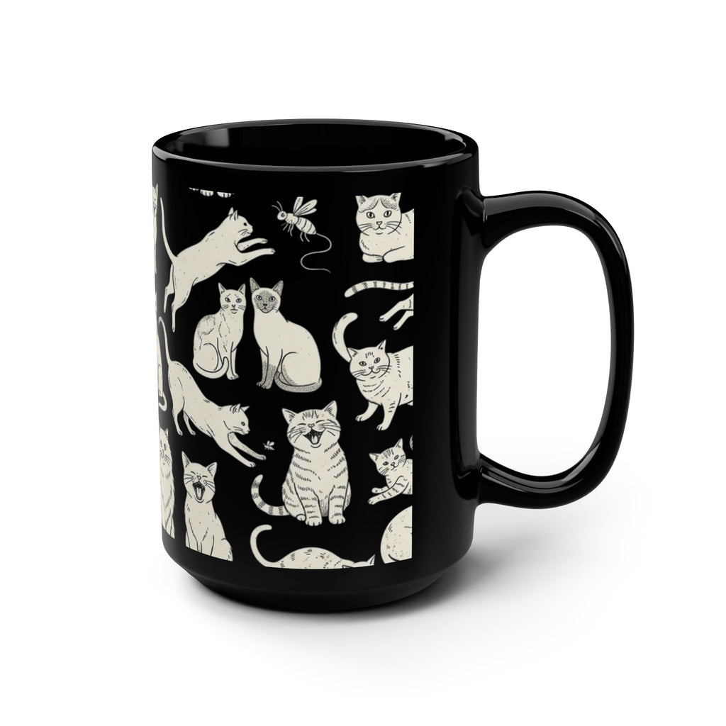 15oz Black Cat Mug — Cream Cat Pattern Coffee Cup