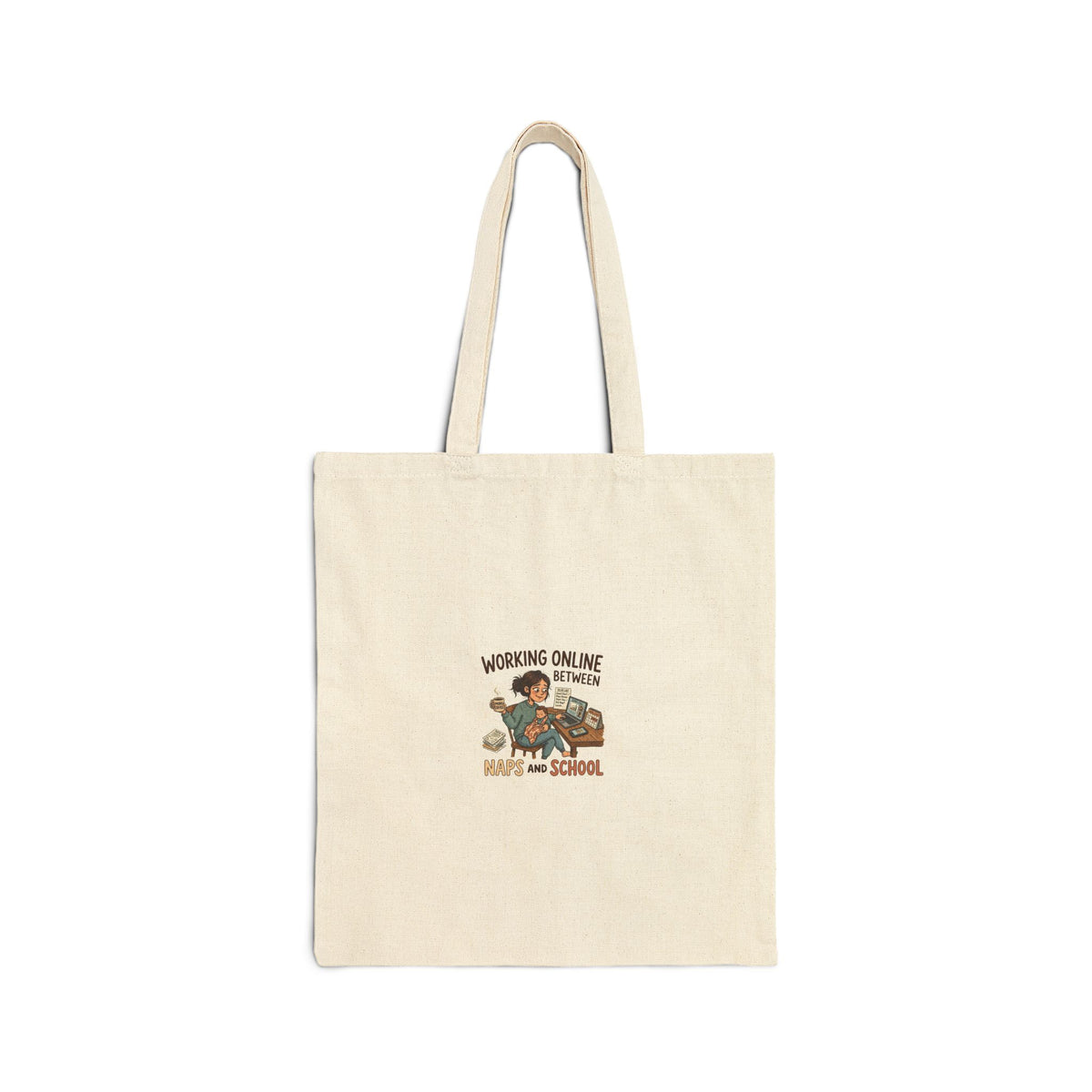 Tote Bag — "Working Online By Telepathic Means And School" Cute Cat Remote Work Canvas Tote