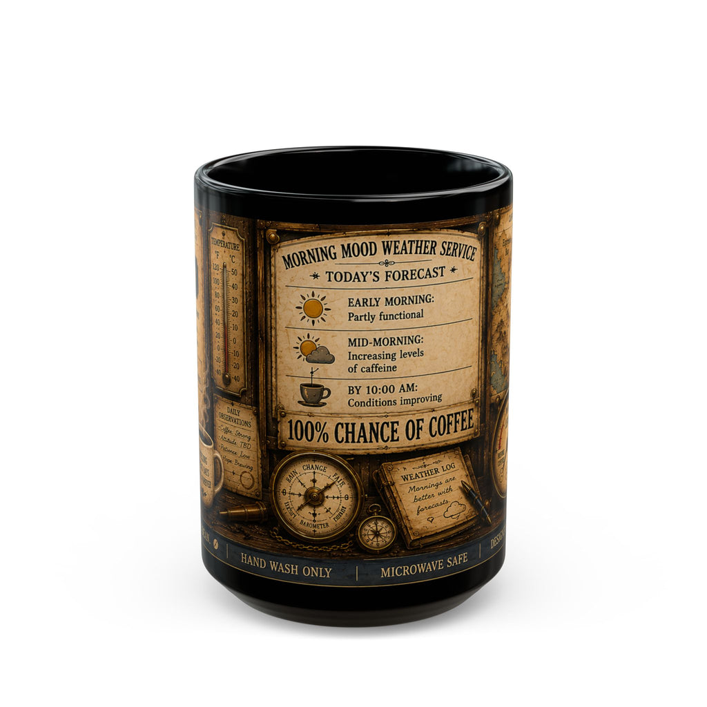 Coffee Weather Black Mug – 100% Chance of Coffee Vintage Map Design (11oz/15oz)