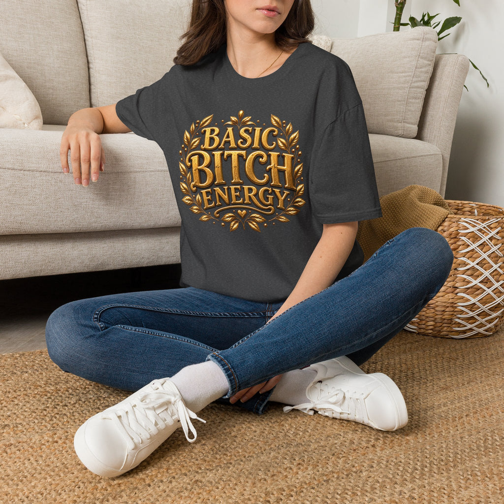 T-Shirt — "Basic Bitch Energy" Gold Crest Graphic Tee