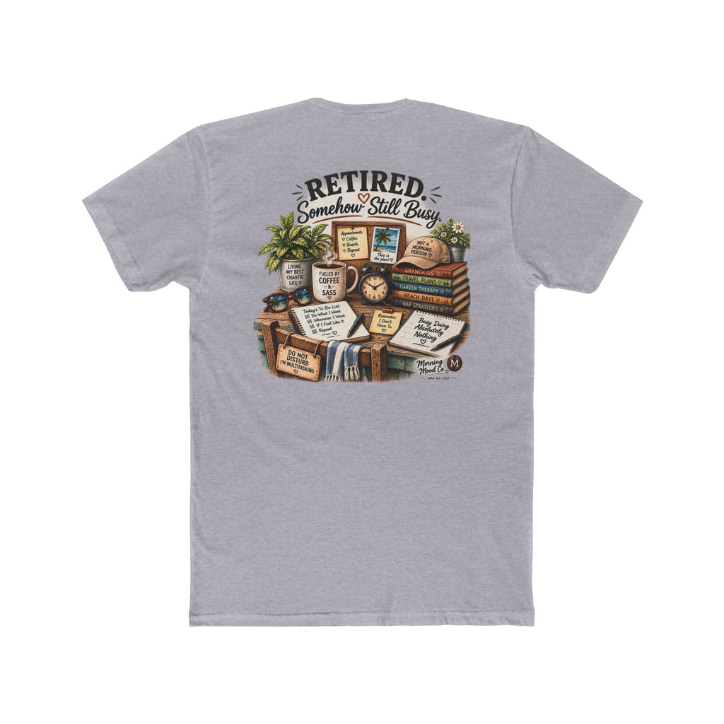 Retired & Somehow Still Busy T‑Shirt — Vintage Bookshelf Retirement Tee