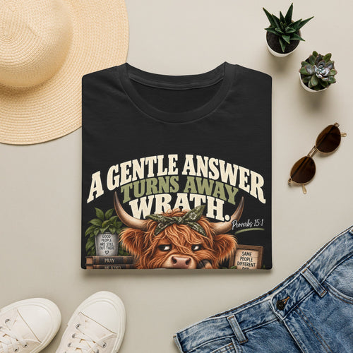 A Gentle Answer Turns Away Wrath Bible Verse T-Shirt — Highland Cow Faith Graphic Tee