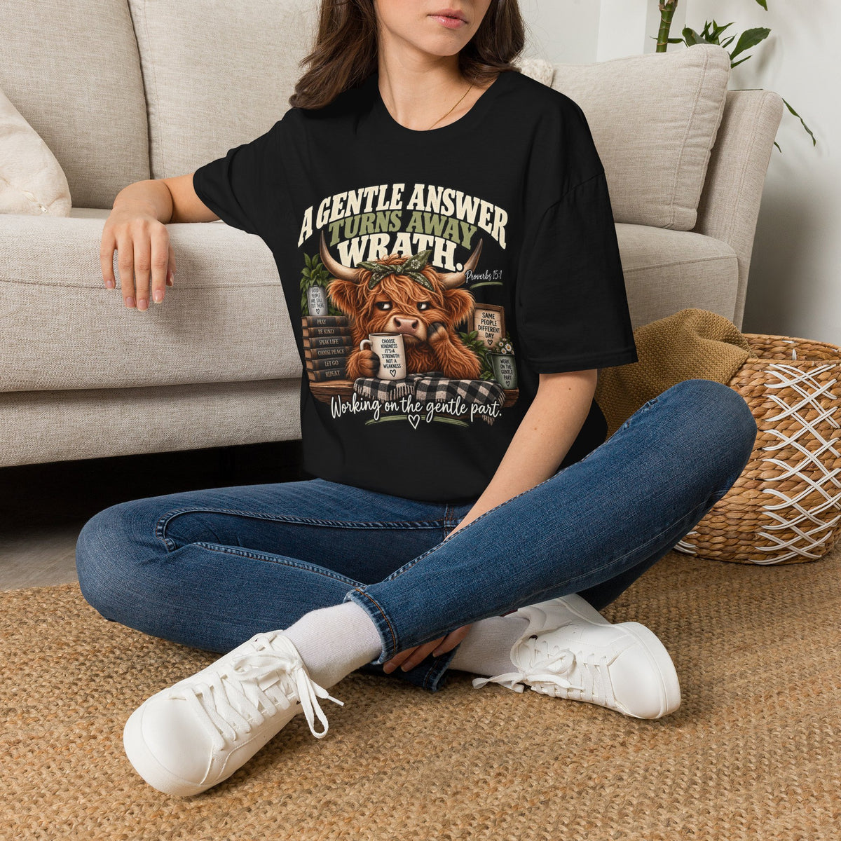 A Gentle Answer Turns Away Wrath Bible Verse T-Shirt — Highland Cow Faith Graphic Tee