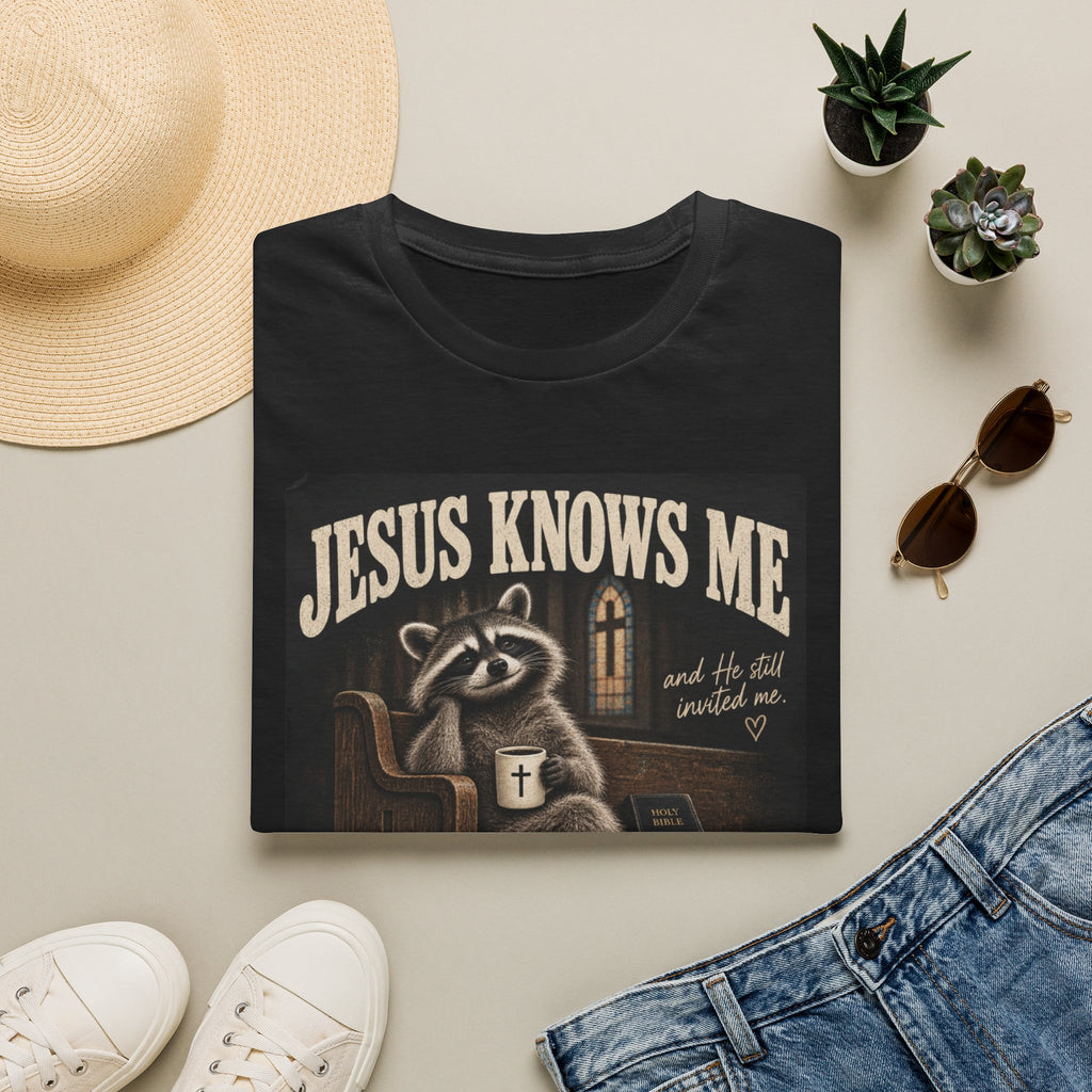 Jesus Knows Me T-Shirt — Cute Raccoon Faith Graphic Tee
