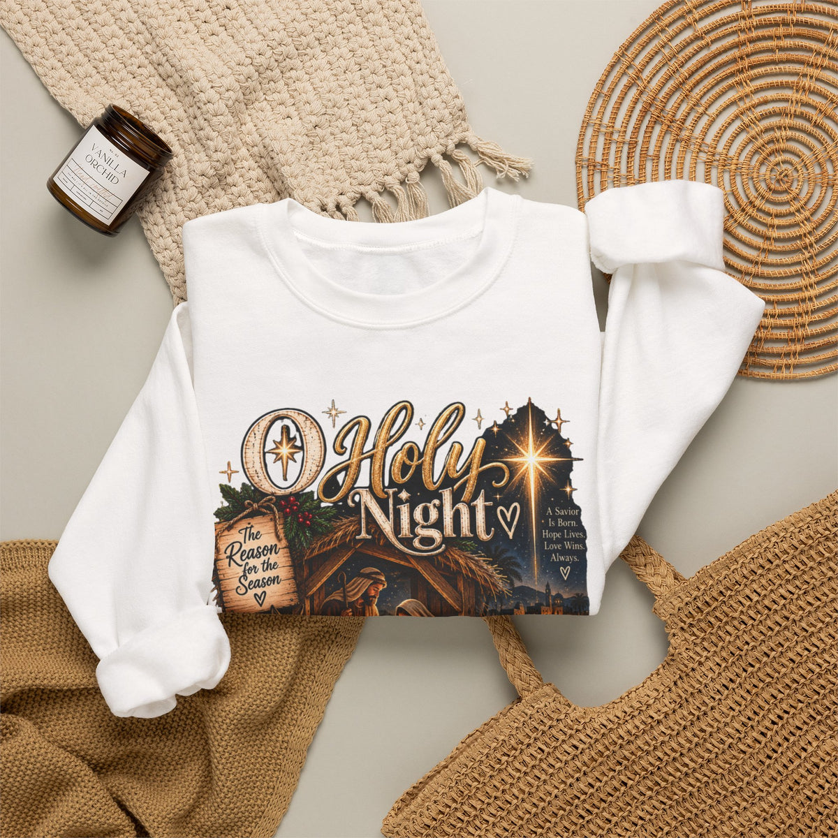 Christmas Nativity Crewneck Sweatshirt — "O Holy Night" Holiday Sweatshirt