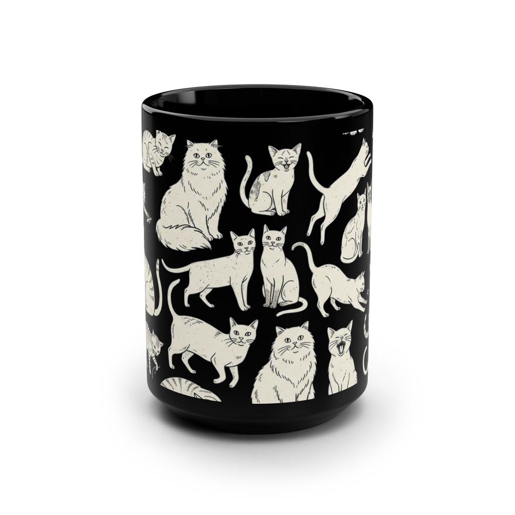 15oz Black Cat Mug — Cream Cat Pattern Coffee Cup