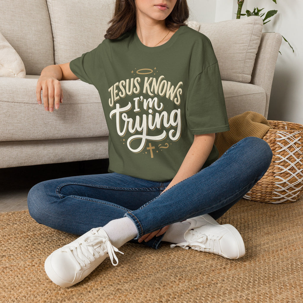 Jesus Knows I’m Trying T-Shirt — Faith-Based Christian Graphic Tee