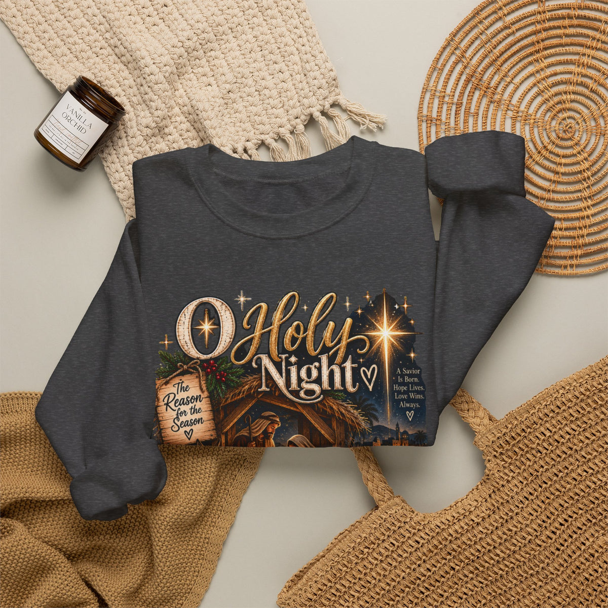 Christmas Nativity Crewneck Sweatshirt — "O Holy Night" Holiday Sweatshirt