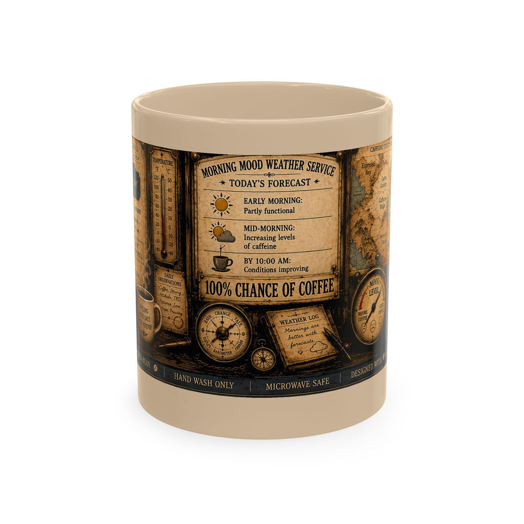 Vintage Coffee Forecast Ceramic Mug — 100% Chance of Coffee Design