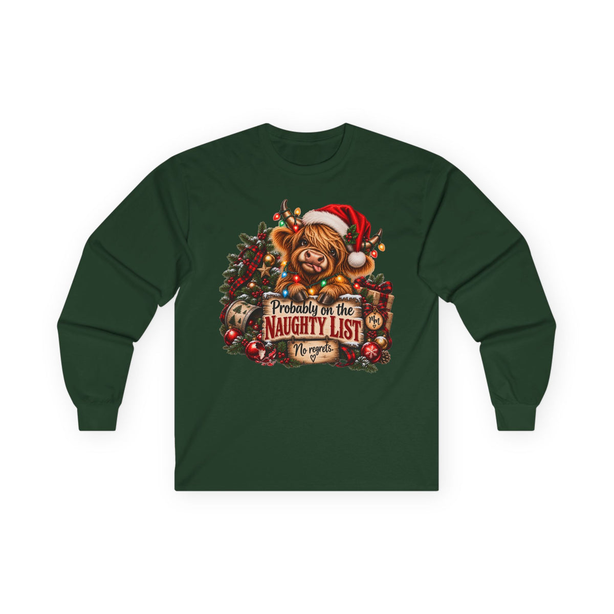 Christmas Naughty List Long Sleeve Tee — Cute Dog Santa Hat Holiday Shirt (S–5XL)